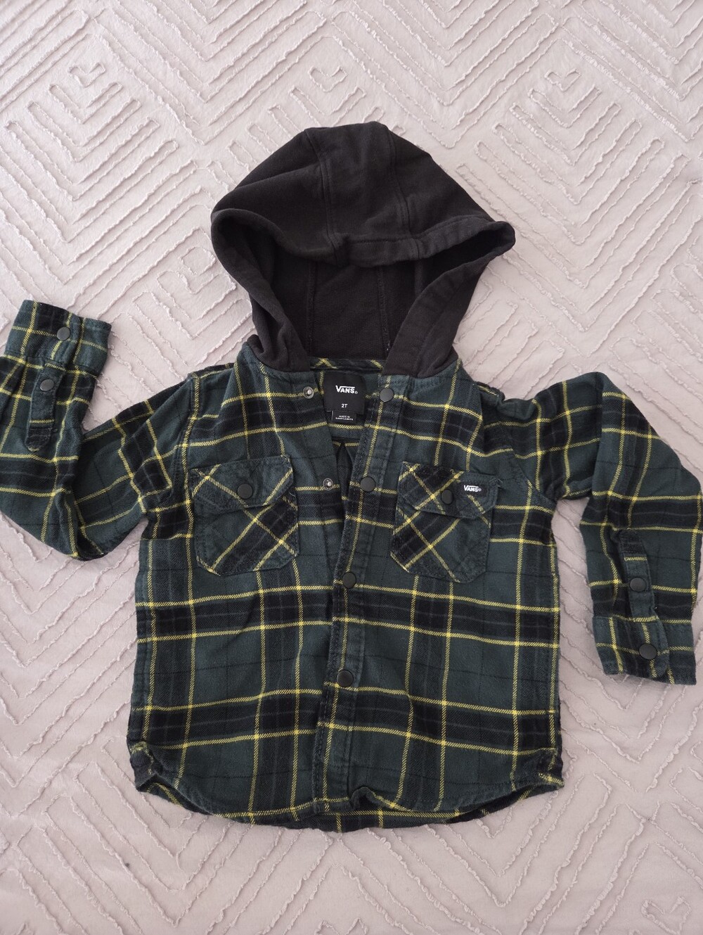 Vans Toddler Black, Green & Yellow Plaid Hooded Snap Flannel Shirt -Size 2T